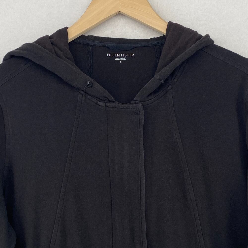 EILEEN FISHER Jacket L Organic Cotton Stretch Jersey Hoodie Sweatshirt Black USA - Picture 4 of 12
